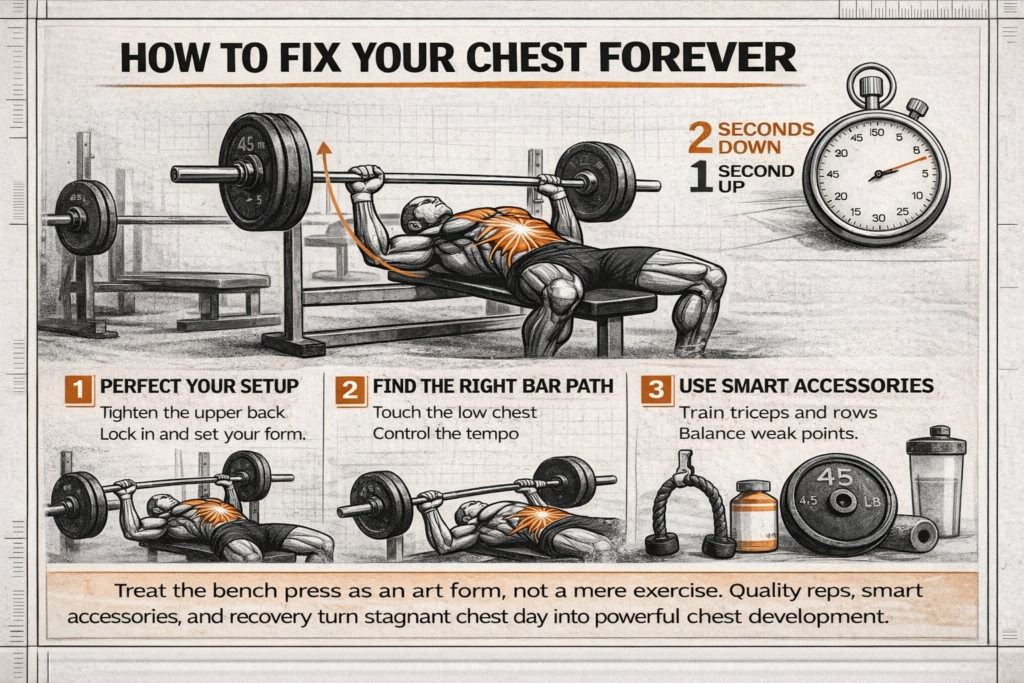 Educational bench press infographic showing setup, upper back tension, bar path, tempo control, accessory training, and recovery principles to build chest strength long term.