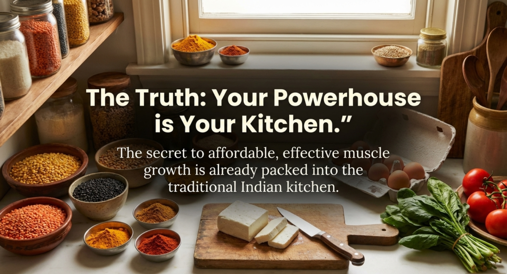 Traditional Indian kitchen with dal, paneer, eggs, spices, and vegetables for muscle building