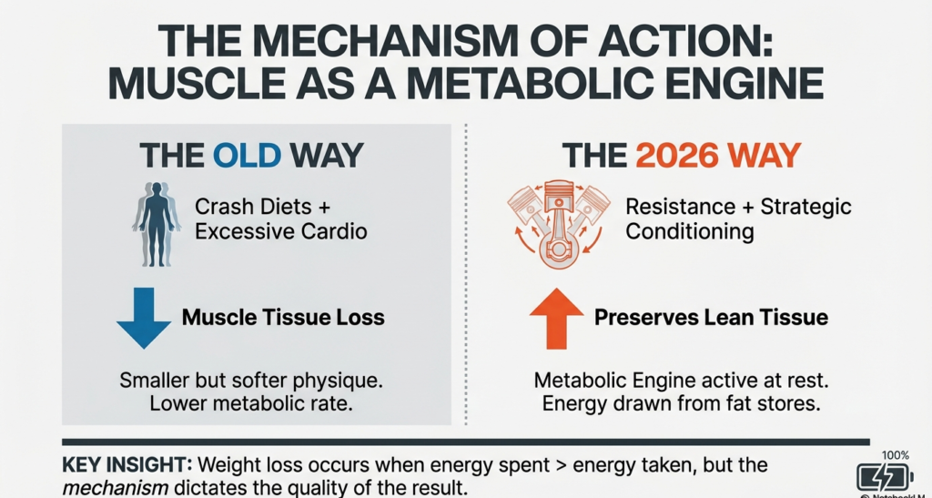Comparison chart showing the difference between crash dieting with excessive cardio and the 2026 muscle-first fat loss approach.