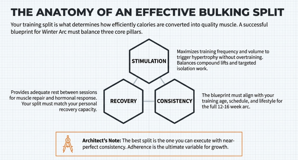 Effective bulking split showing stimulation, recovery, and consistency principles