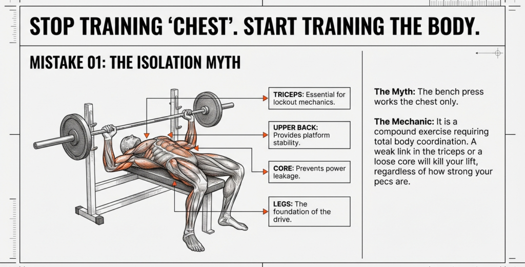 Bench press anatomy illustration showing chest, triceps, upper back, core, and legs working together, explaining why bench press is not a chest-only exercis