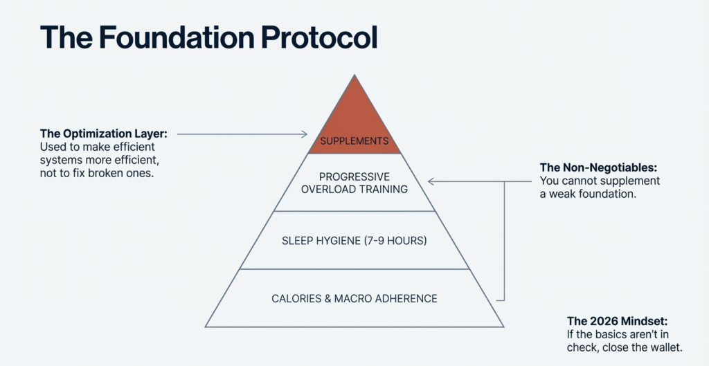 Fitness pyramid showing calories, sleep, training, and supplements as the top optimization layer