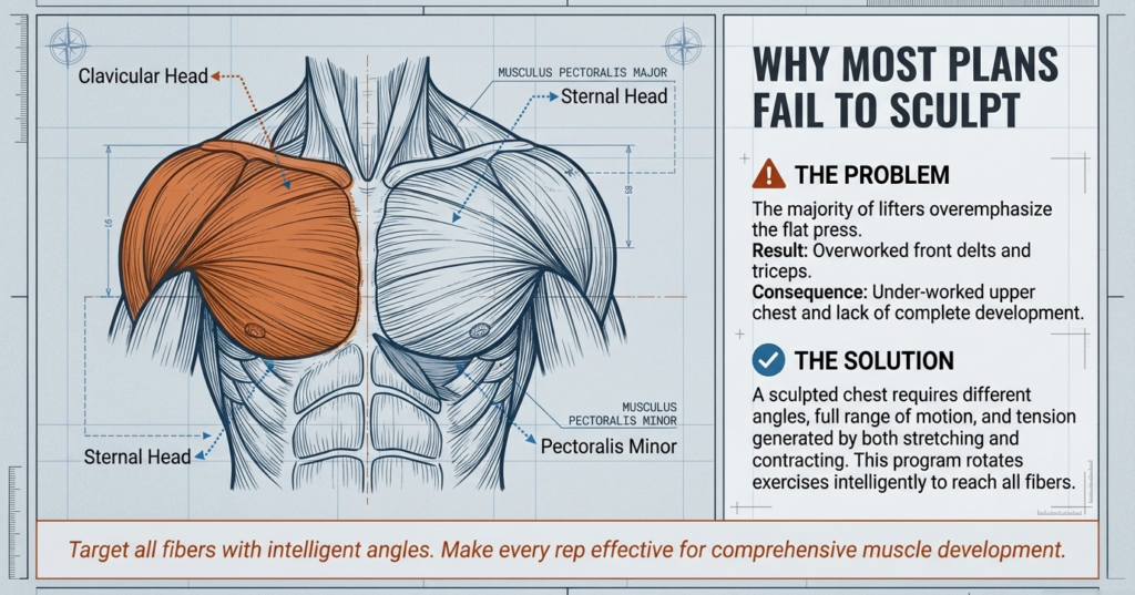 Chest anatomy illustration highlighting clavicular and sternal heads with explanation of why flat pressing overuse limits upper chest growth.