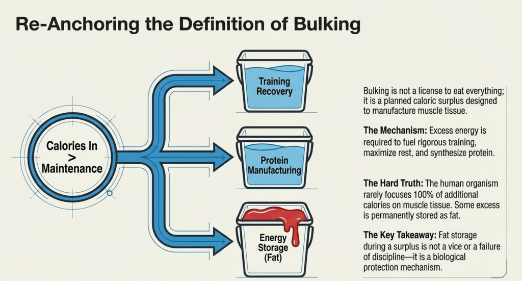 Infographic explaining how calorie surplus supports training recovery, protein synthesis, and unavoidable fat storage