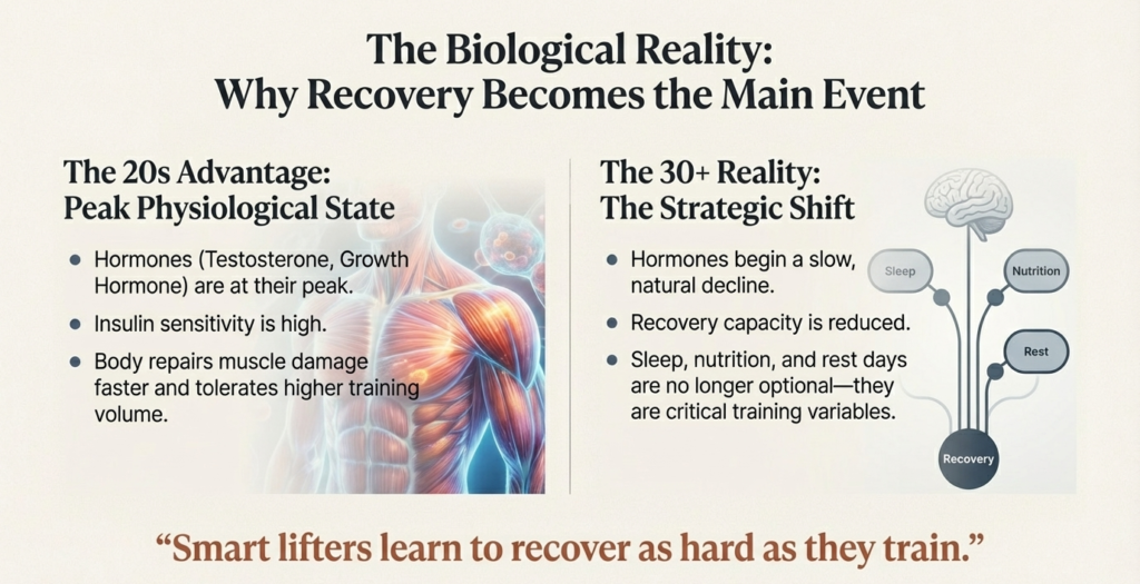 Illustration showing muscle recovery, hormones, sleep, and nutrition as key factors in training after 30