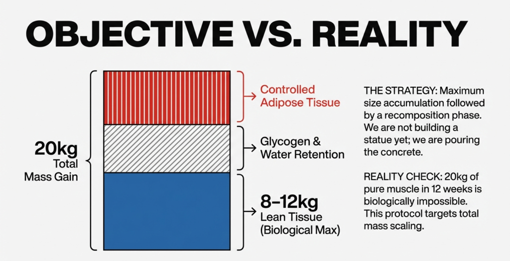 Diagram showing realistic body composition outcomes of a 20 kg mass gain, separating lean tissue, glycogen, water retention, and controlled fat gain