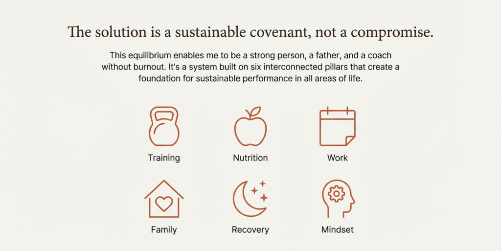 Illustration showing six interconnected pillars—training, nutrition, work, family, recovery, and mindset—representing a balanced and sustainable approach to fitness and life.