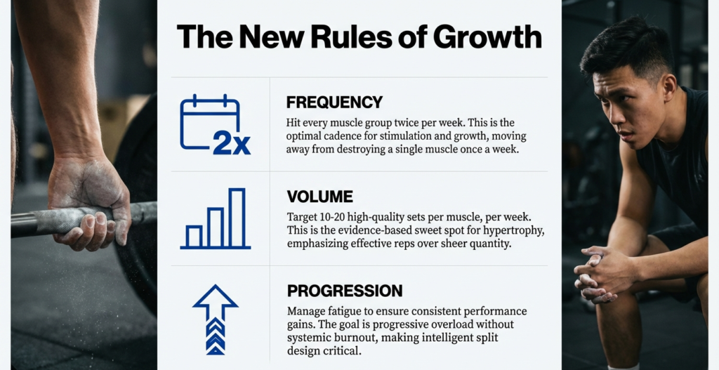 Infographic explaining hypertrophy principles with twice weekly frequency, optimal training volume, and progressive overload