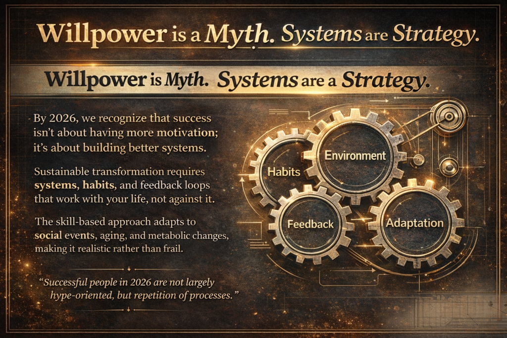 Diagram illustrating habits, environment, feedback, and adaptation working together as systems for sustainable weight loss instead of relying on willpower.