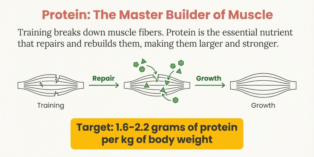 Muscle repair and growth diagram explaining how protein rebuilds muscle fibers