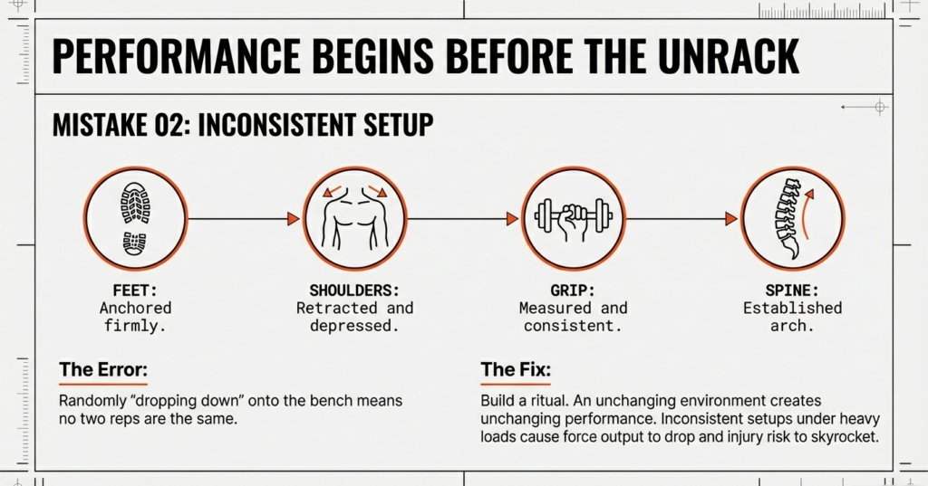 Bench press setup infographic showing foot placement, scapular retraction, grip consistency, and spinal arch for a stable and repeatable bench press.