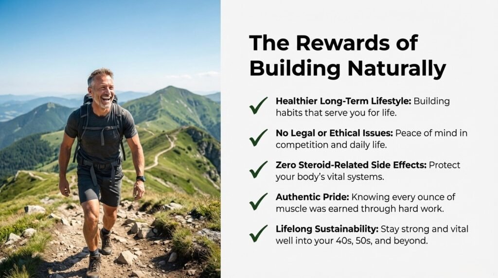 Infographic showing the rewards of building muscle naturally, including lifelong health, zero steroid-related side effects, ethical competition, authentic pride, and long-term sustainability through natural bodybuilding.