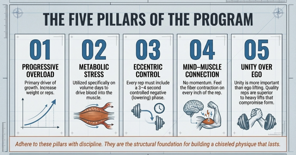 Fitness infographic outlining five training principles: progressive overload, metabolic stress, eccentric control, mind-muscle connection, and form over ego.