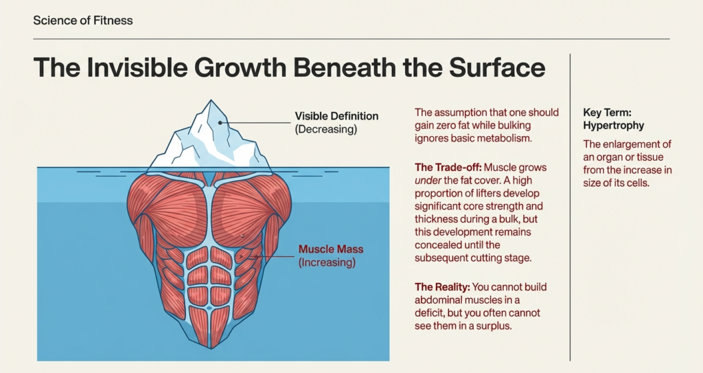 Iceberg-style illustration showing increasing muscle mass beneath fat while visible definition decreases during a calorie surplus