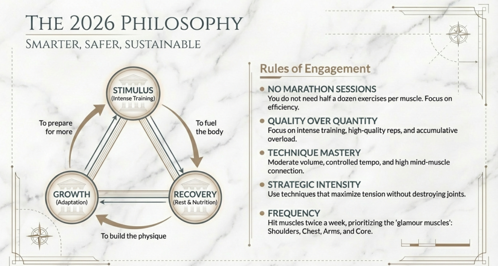 Infographic showing the 2026 training philosophy for the Greek God Physique based on stimulus, recovery, growth, quality over quantity, and sustainable muscle development.