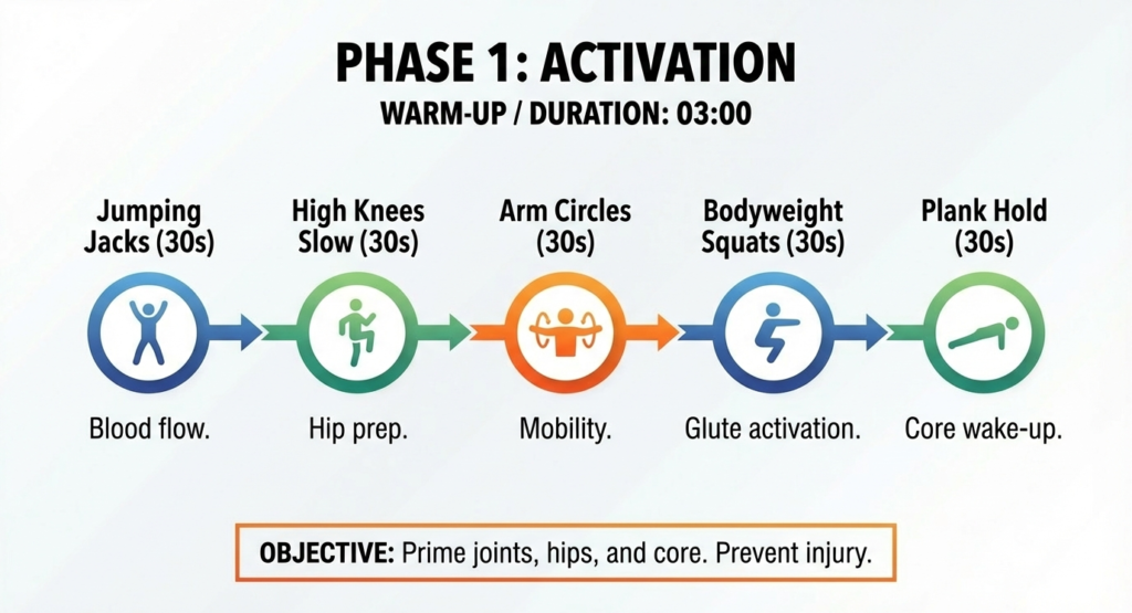 Activation warm-up exercises including jumping jacks, squats, and plank for home workouts