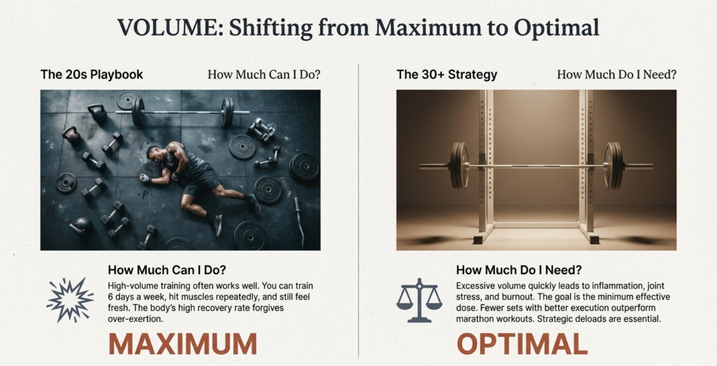 Comparison showing high-volume training versus optimal volume strength training for longevity