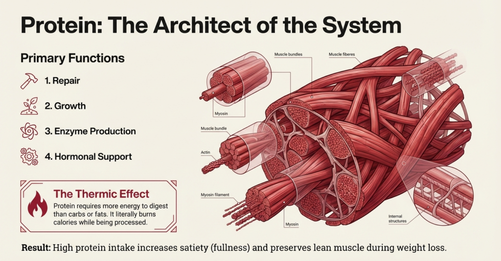 Detailed illustration showing how protein supports muscle repair growth enzymes and hormones