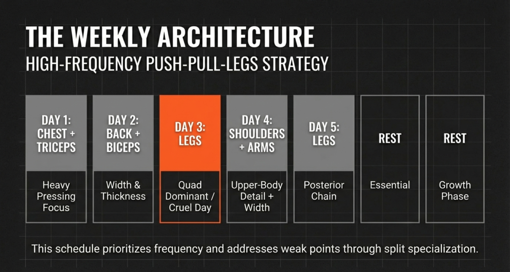 Weekly workout architecture showing a 5-day push pull legs split with chest, back, legs, shoulders, and arms