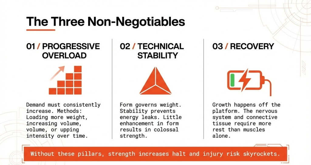 Infographic highlighting progressive overload, technical stability, and recovery as the three non-negotiable principles of powerlifting.