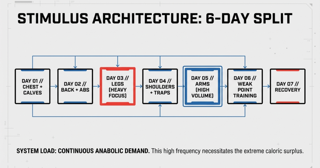 Visual breakdown of a 6-day hypertrophy training split targeting chest, back, legs, shoulders, arms, weak points, and recovery