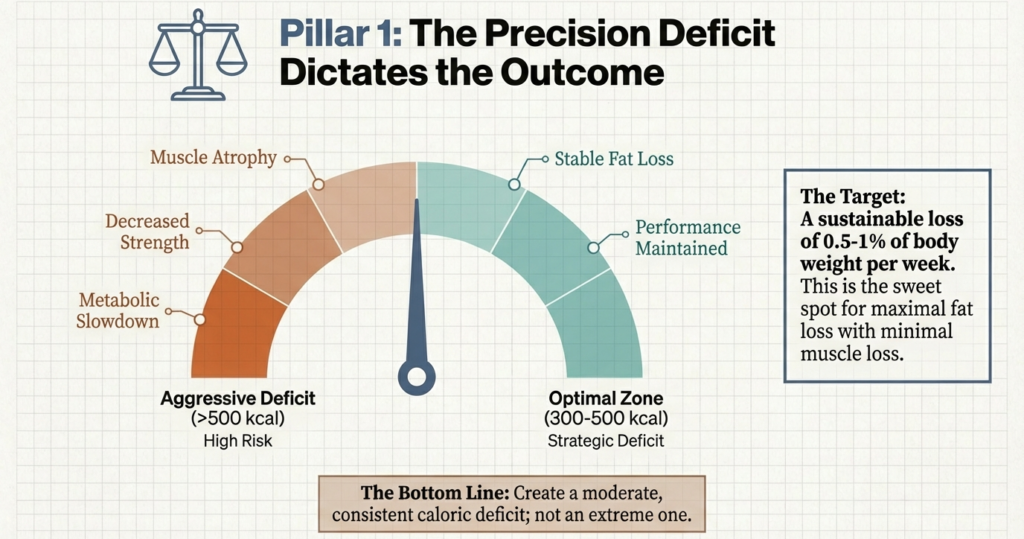 Visual gauge comparing aggressive calorie deficit versus optimal calorie deficit for fat loss without muscle loss