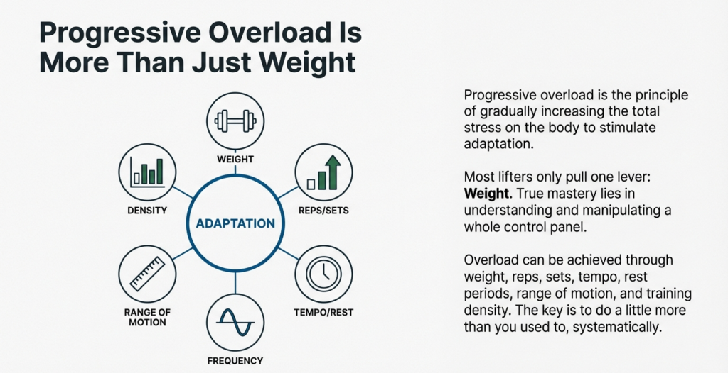 Diagram showing multiple progressive overload variables like weight, reps, tempo, frequency, and training density