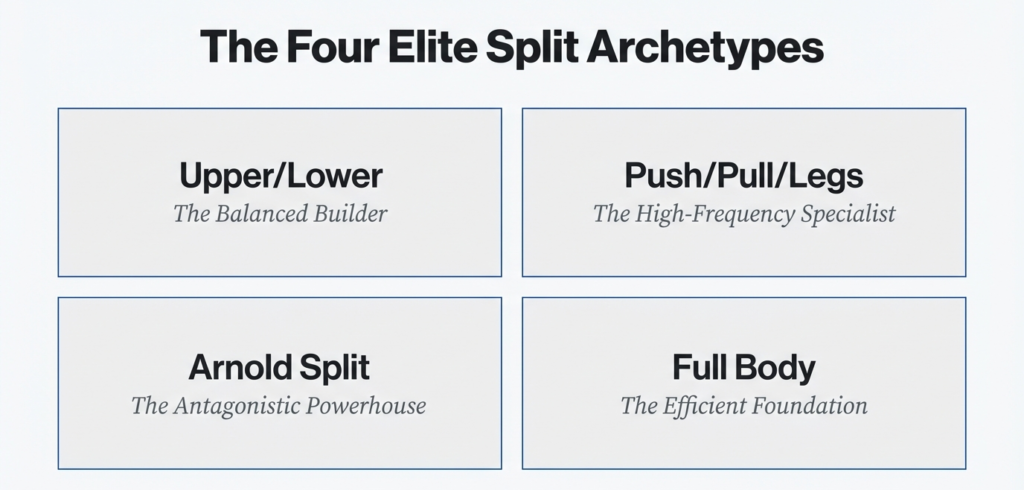 Comparison of four elite workout splits including Upper Lower, Push Pull Legs, Arnold Split, and Full Body training