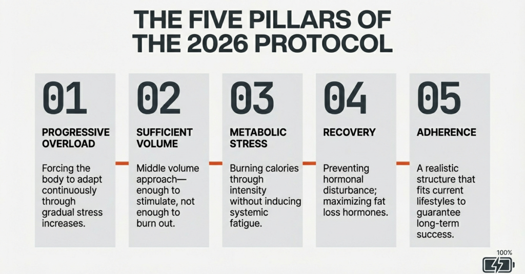 Diagram outlining the five pillars of the 2026 weight loss protocol: progressive overload, sufficient volume, metabolic stress, recovery, and adherence.