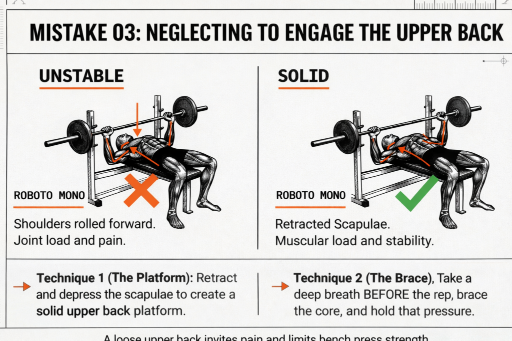 Bench press comparison showing unstable setup with rolled shoulders versus stable setup with retracted scapulae, explaining how upper back engagement improves bench press strength and joint safety.