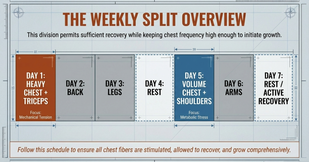 Weekly workout split infographic showing heavy chest day, back, legs, rest day, volume chest and shoulders, arms, and active recovery.