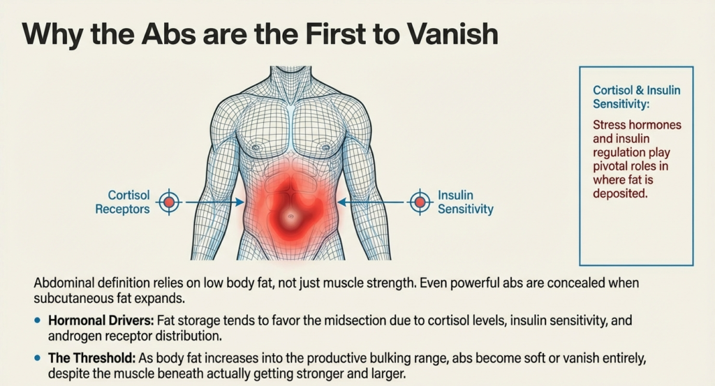 Diagram showing cortisol receptors, insulin sensitivity, and hormonal factors causing abdominal fat accumulation during bulking