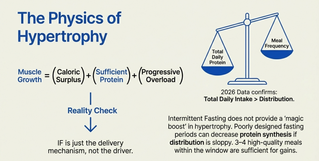 Hypertrophy equation showing calories, protein, and progressive overload outweigh meal frequency
