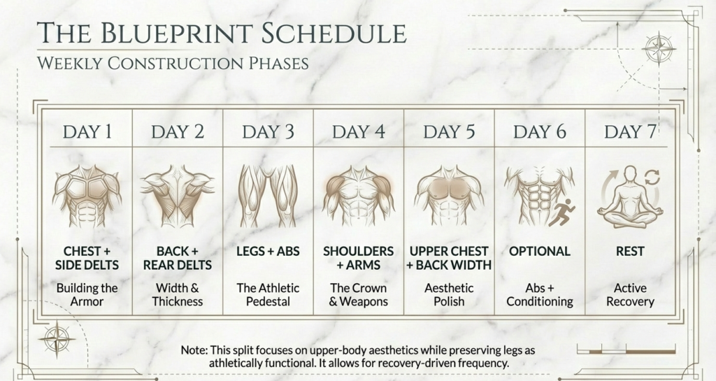 Weekly workout split for the Greek God Physique showing chest, back, legs, shoulders, arms, abs, conditioning, and rest days arranged for optimal recovery.