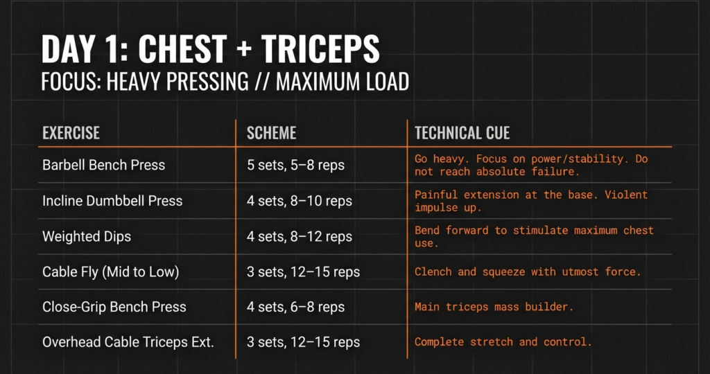 Day 1 chest and triceps workout plan with barbell bench press, dips, cable flys, and triceps exercises