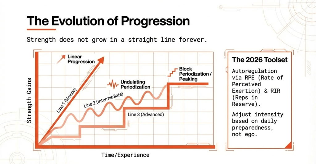 Graph showing linear progression, undulating periodization, and block periodization with RPE-based autoregulation over time.