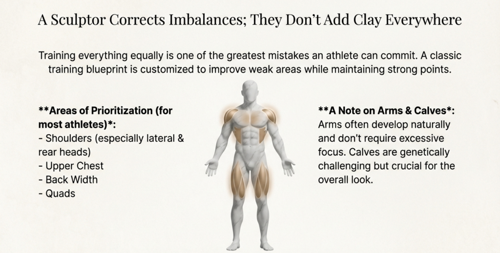 classic physique muscle prioritization diagram highlighting shoulders, upper chest, back, and quads