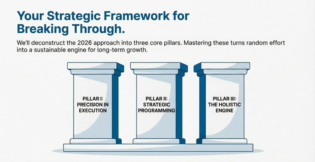 Three-pillar framework illustrating precision execution, strategic programming, and holistic recovery for long-term fitness growth
