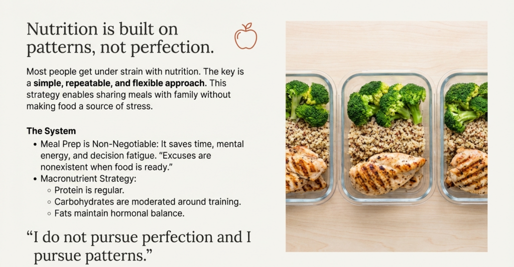 Meal-prepped containers with grilled chicken, whole grains, and vegetables illustrating a simple, repeatable nutrition system designed for consistency and stress-free eating.