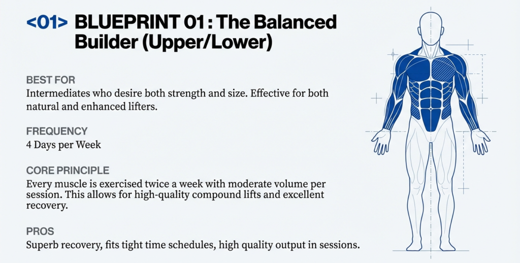 Upper and lower body split blueprint showing balanced muscle development, training frequency, and recovery principles for hypertrophy