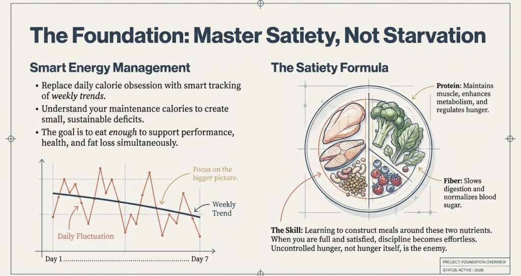Infographic showing smart energy management, weekly calorie trends, and a satiety-based plate emphasizing protein and fiber for sustainable weight loss.