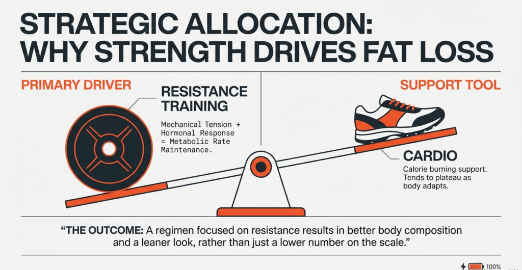 Infographic comparing resistance training and cardio, showing strength training as the primary driver of sustainable fat loss and cardio as a supporting tool.