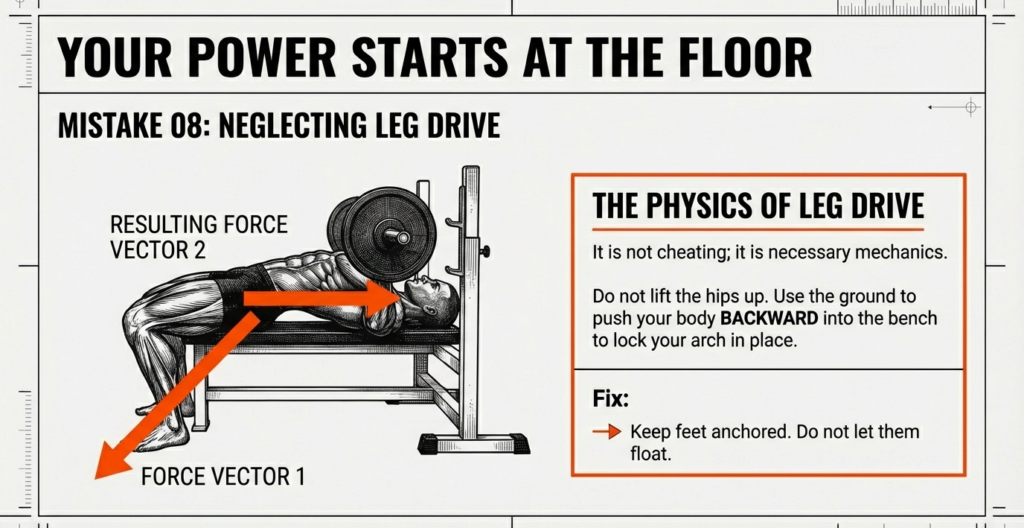 Bench press leg drive illustration showing force transfer from feet through the body into the barbell.