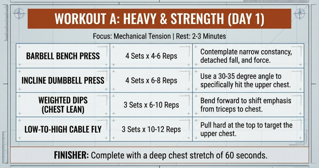 Heavy chest workout infographic showing barbell bench press, incline dumbbell press, weighted dips, and cable flys with sets, reps, and mechanical tension focus.