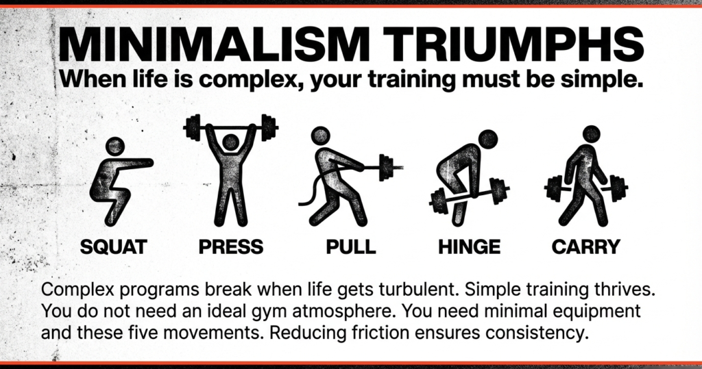 Minimalist fitness infographic showing five fundamental movements: squat, press, pull, hinge, and carry for simple effective training.