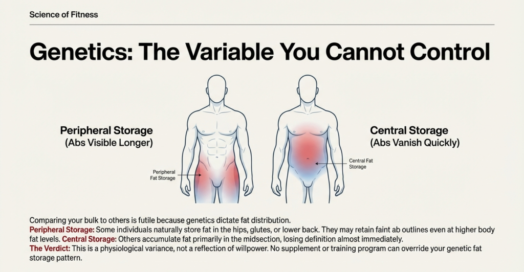 Infographic illustrating peripheral versus central fat storage patterns and how genetics influence abdominal fat gain and ab visibility