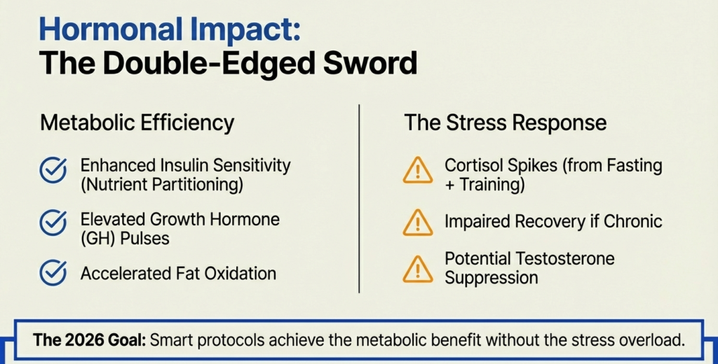 Diagram showing benefits and risks of intermittent fasting on insulin sensitivity, growth hormone, and cortisol