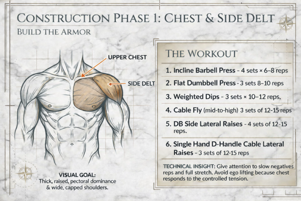 Greek God Physique chest and side delt workout infographic highlighting upper chest and lateral deltoid focus with corrected directional arrows for muscle targeting.