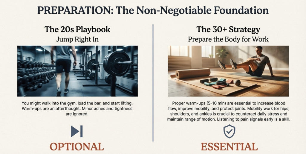 Comparison showing skipping warm-ups versus mobility and preparation before training after 30