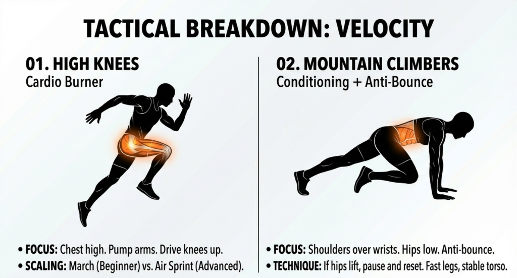 Proper technique for high knees and mountain climbers to improve cardio endurance and core stability